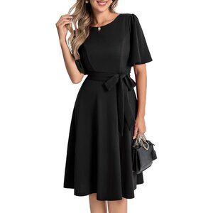 Women Midi Vintage Cocktail Dress Short Sleeve Formal Wedding Guest Dress